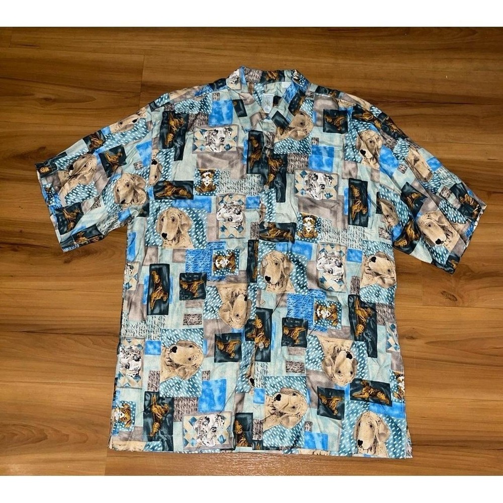 Mens Burma Bibas Golden Retriever Puppy Patchwork 100% Silk Button Up Shirt